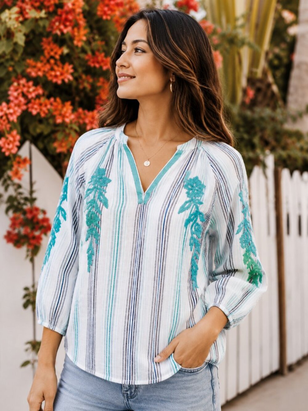 J. Jill Love Linen Embroidered Boho Peasant Blouse Top Teal, Stripes sz Large